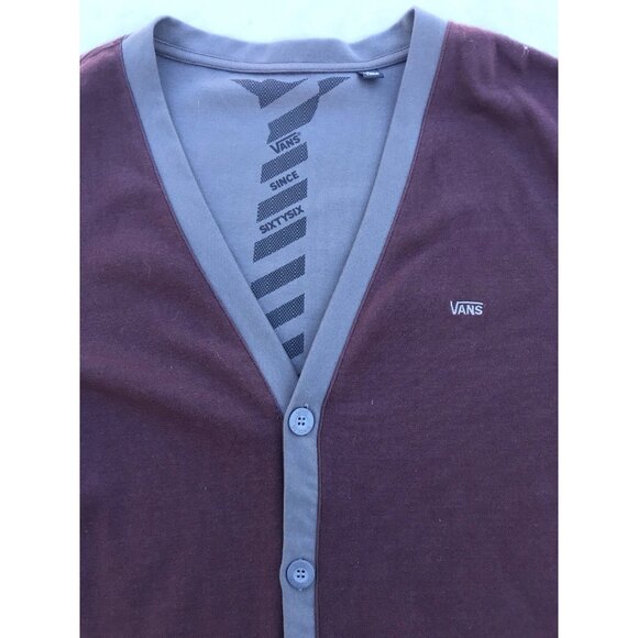 VANS Poly Cotton Button Up Cardigan Sweater Maroon Gray Men’s L Retro Jacket EUC - Picture 4 of 14
